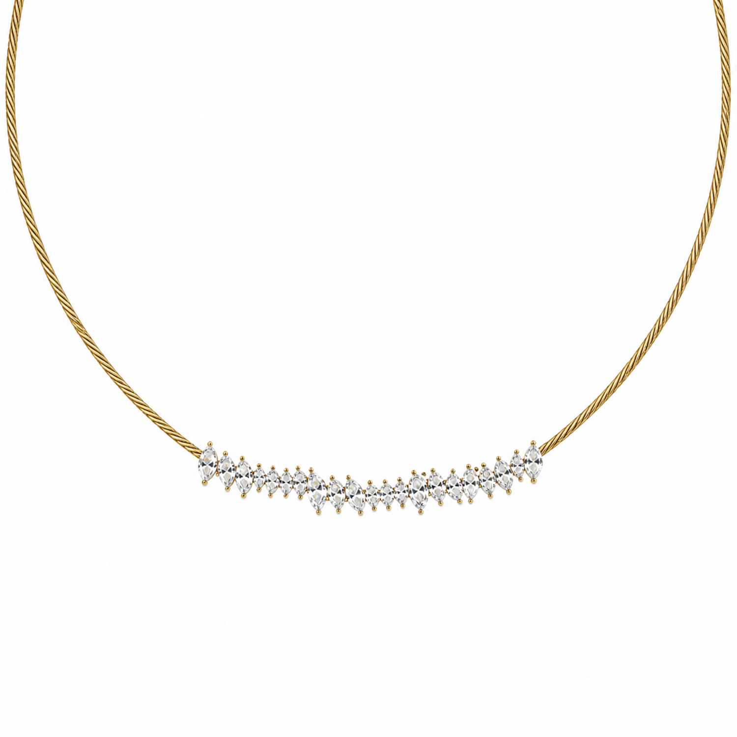 A close-view of a gold-plated stainless steel chain for women featuring a twisted cable design and an asymmetrical cluster of marquise-cut crystals
