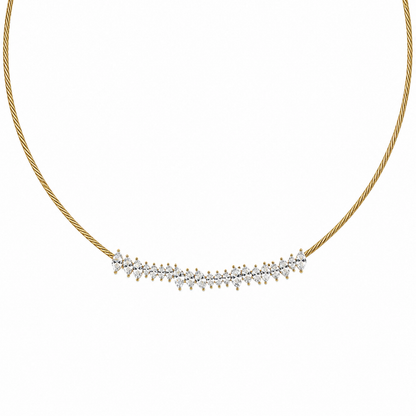 A close-view of a gold-plated stainless steel chain for women featuring a twisted cable design and an asymmetrical cluster of marquise-cut crystals