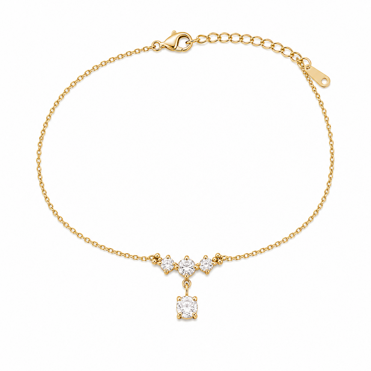 A delicate gold-plated ladies bracelet featuring a cluster of four brilliant-cut crystals and a dangling drop stone