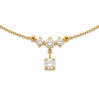A close-view of a delicate gold-plated ladies bracelet featuring a cluster of four brilliant-cut crystals and a dangling drop stone.