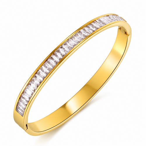 A gold-plated hinged bangle for women featuring a continuous row of channel-set baguette crystals with a secure side-clasp