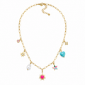 A gold-plated stainless steel chain for women featuring paperclip links and seven colorful charms including a pearl, heart, and sun