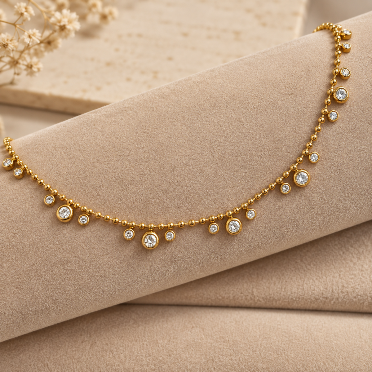 Aveline gold crystal necklace for women with beaded chain and sparkling round crystal charms