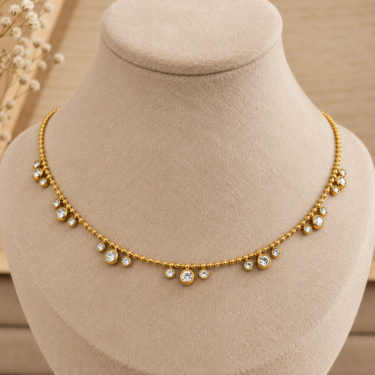 Aveline gold crystal necklace for women with beaded chain and sparkling round crystal charms
