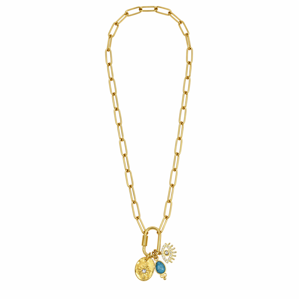 A gold-plated stainless steel chain for women featuring paperclip links and a carabiner clasp with three hanging charms, including a turquoise stone and an evil eye.