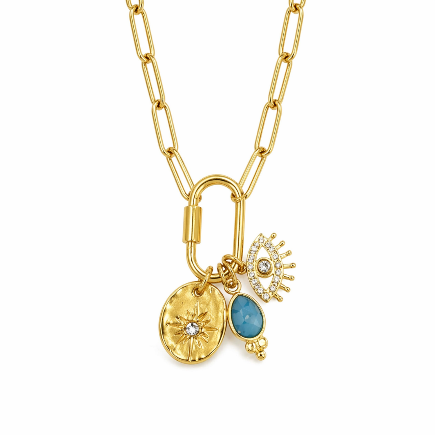 A close-view of a gold-plated stainless steel chain for women featuring paperclip links and a carabiner clasp with three hanging charms, including a turquoise stone and an evil eye.