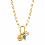 A gold-plated stainless steel chain for women featuring paperclip links and a carabiner clasp with three hanging charms, including a turquoise stone and an evil eye