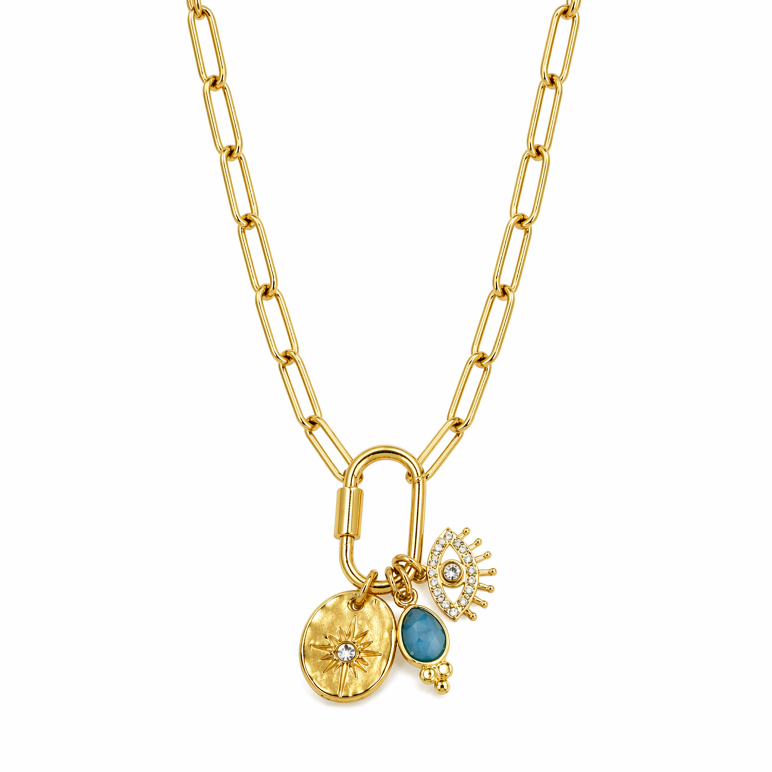 A gold-plated stainless steel chain for women featuring paperclip links and a carabiner clasp with three hanging charms, including a turquoise stone and an evil eye
