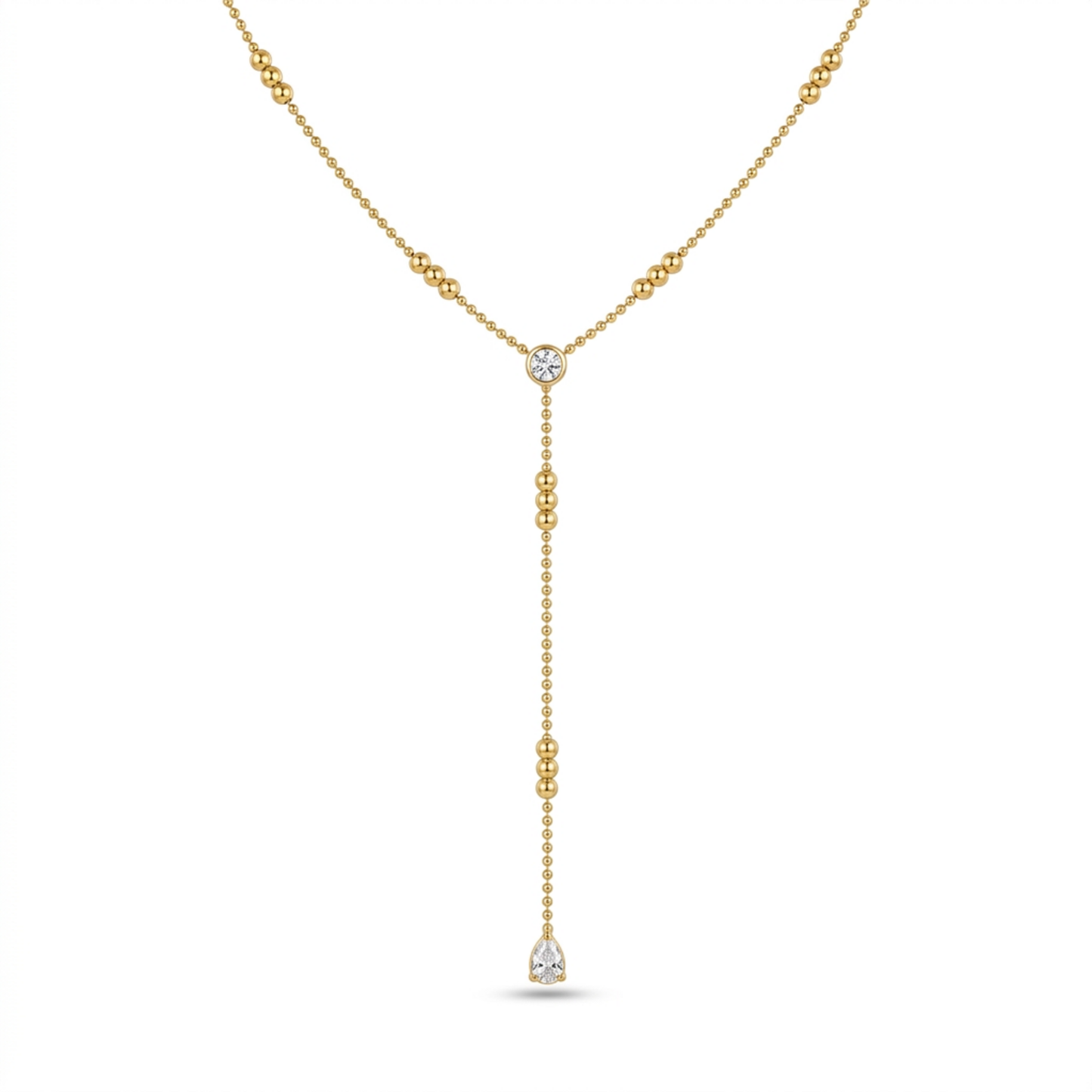 A gold-plated stainless steel chain for women in a Y-drop lariat style featuring delicate beads and crystal accents