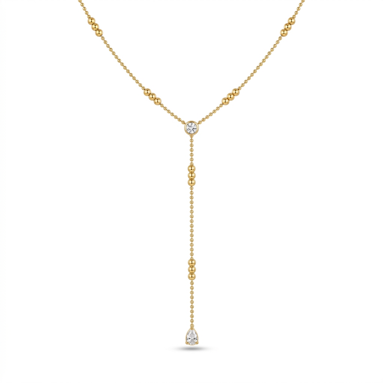 A gold-plated stainless steel chain for women in a Y-drop lariat style featuring delicate beads and crystal accents