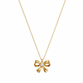 A gold-plated stainless steel chain for women featuring a golden bow pendant with a central pearl, displayed on a white background.