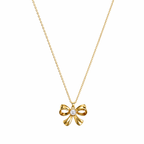 A gold-plated stainless steel chain for women featuring a golden bow pendant with a central pearl, displayed on a white background.
