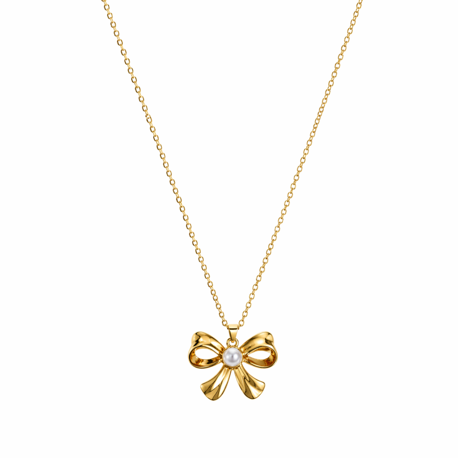 A gold-plated stainless steel chain for women featuring a golden bow pendant with a central pearl, displayed on a white background.