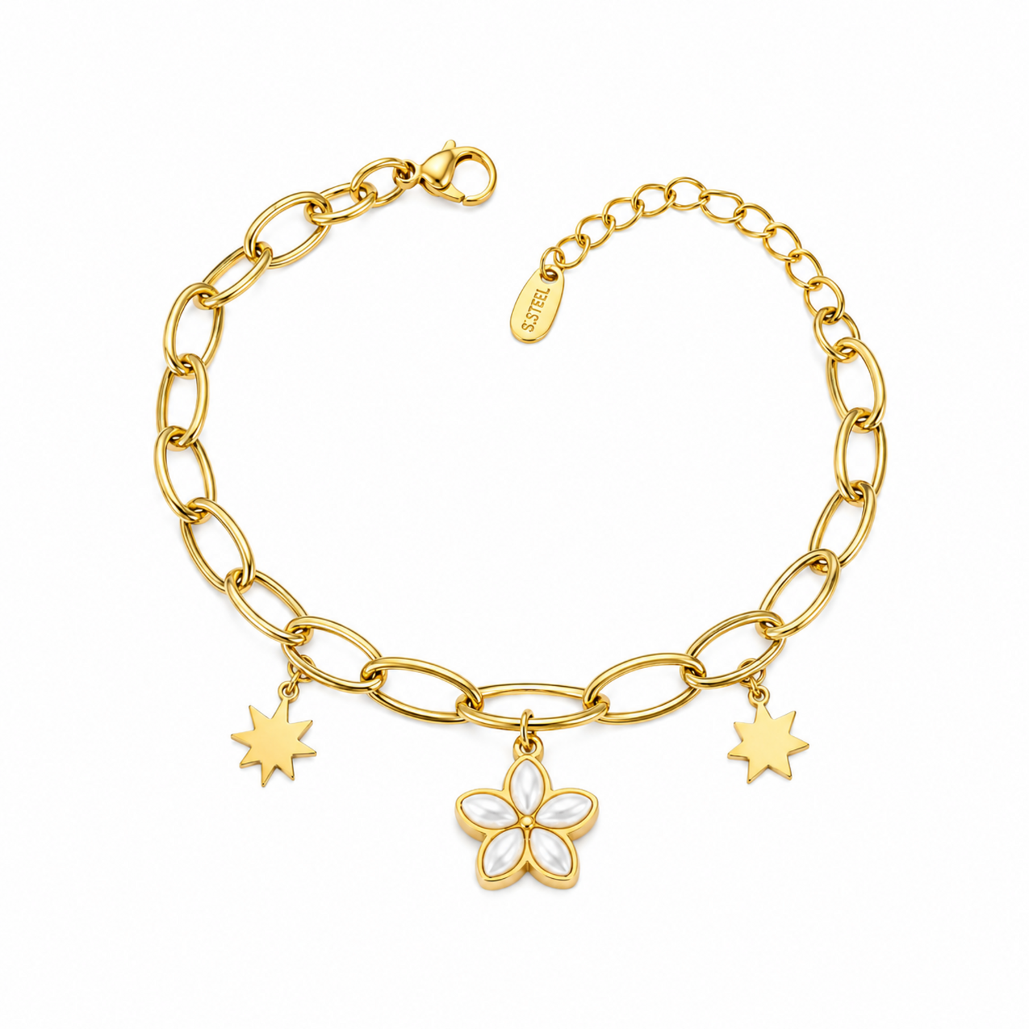 A gold-plated chain bracelet for women featuring a central mother-of-pearl flower charm and two polished star charms on a thick oval-link chain.