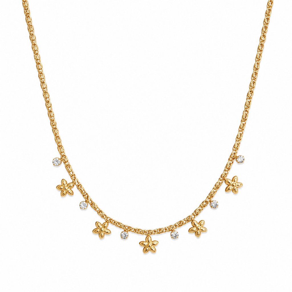 A gold-plated stainless steel chain for women featuring a woven texture with dangling gold flowers and round crystal charms