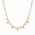 A gold-plated stainless steel chain for women featuring a woven texture with dangling gold flowers and round crystal charms