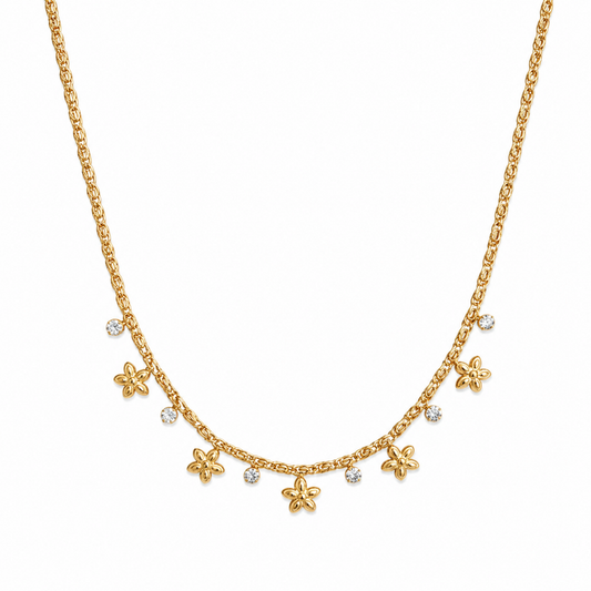 A gold-plated stainless steel chain for women featuring a woven texture with dangling gold flowers and round crystal charms