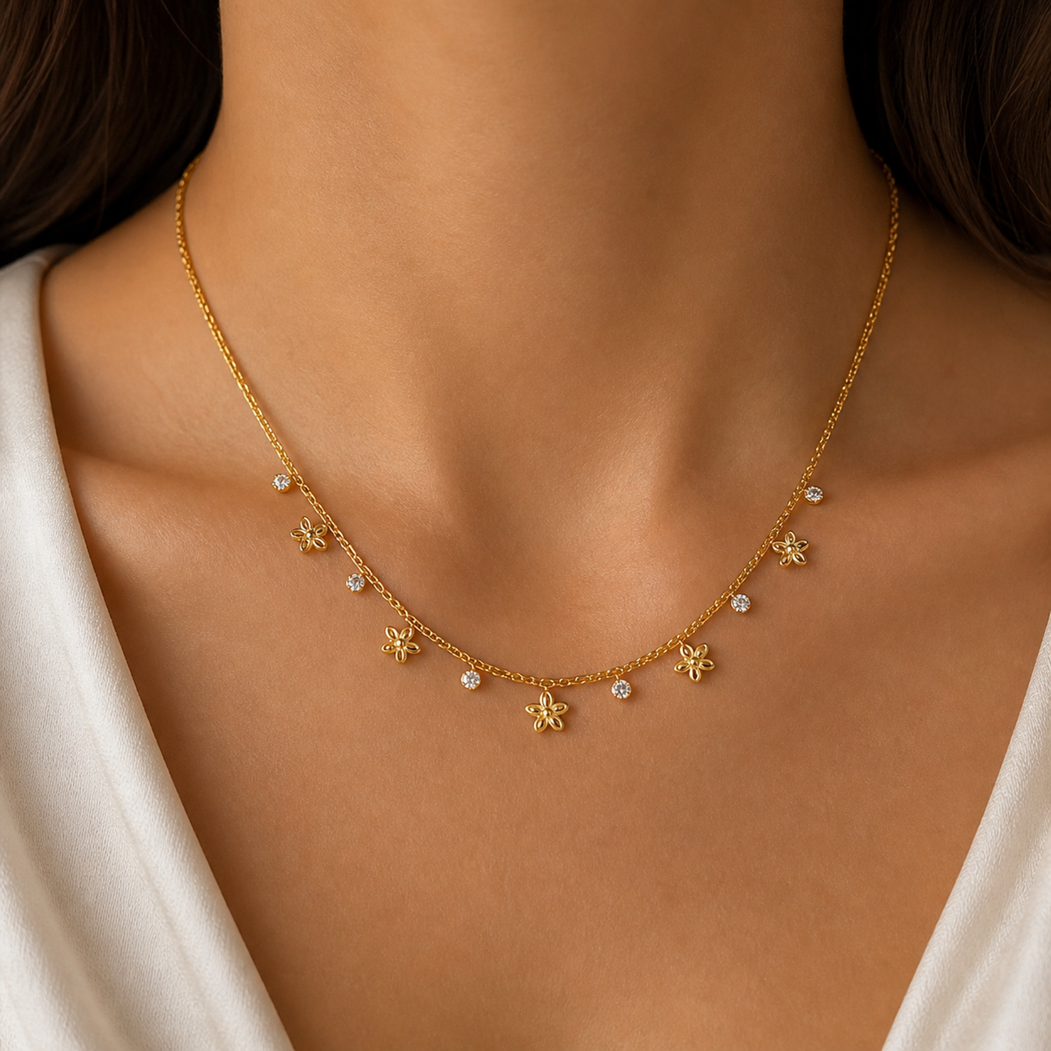 A gold-plated stainless steel chain for women featuring a woven texture with dangling gold flowers and round crystal charms, shown on a model