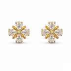A pair of gold-plated floral stud earrings for women featuring pear-shaped clear crystals in a clover design, shown on a clean white background.