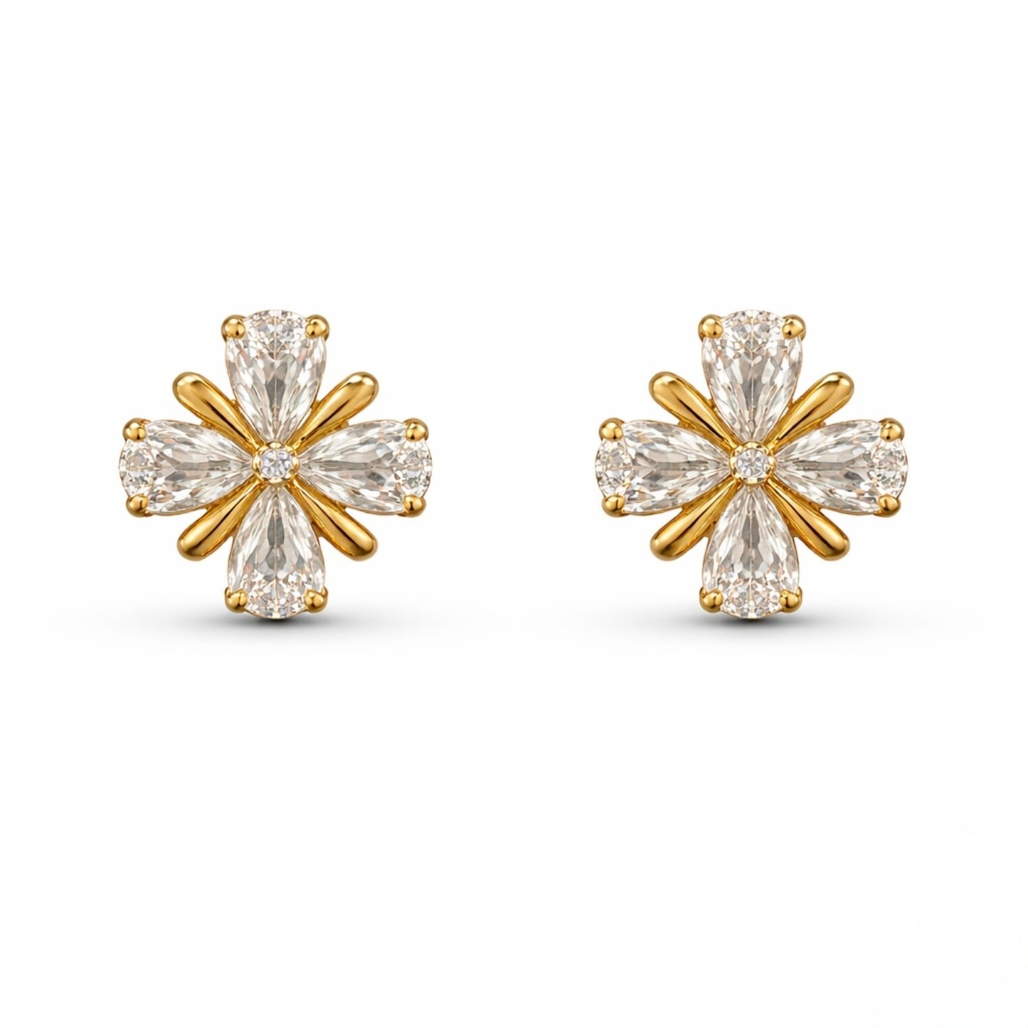 A pair of gold-plated floral stud earrings for women featuring pear-shaped clear crystals in a clover design, shown on a clean white background.