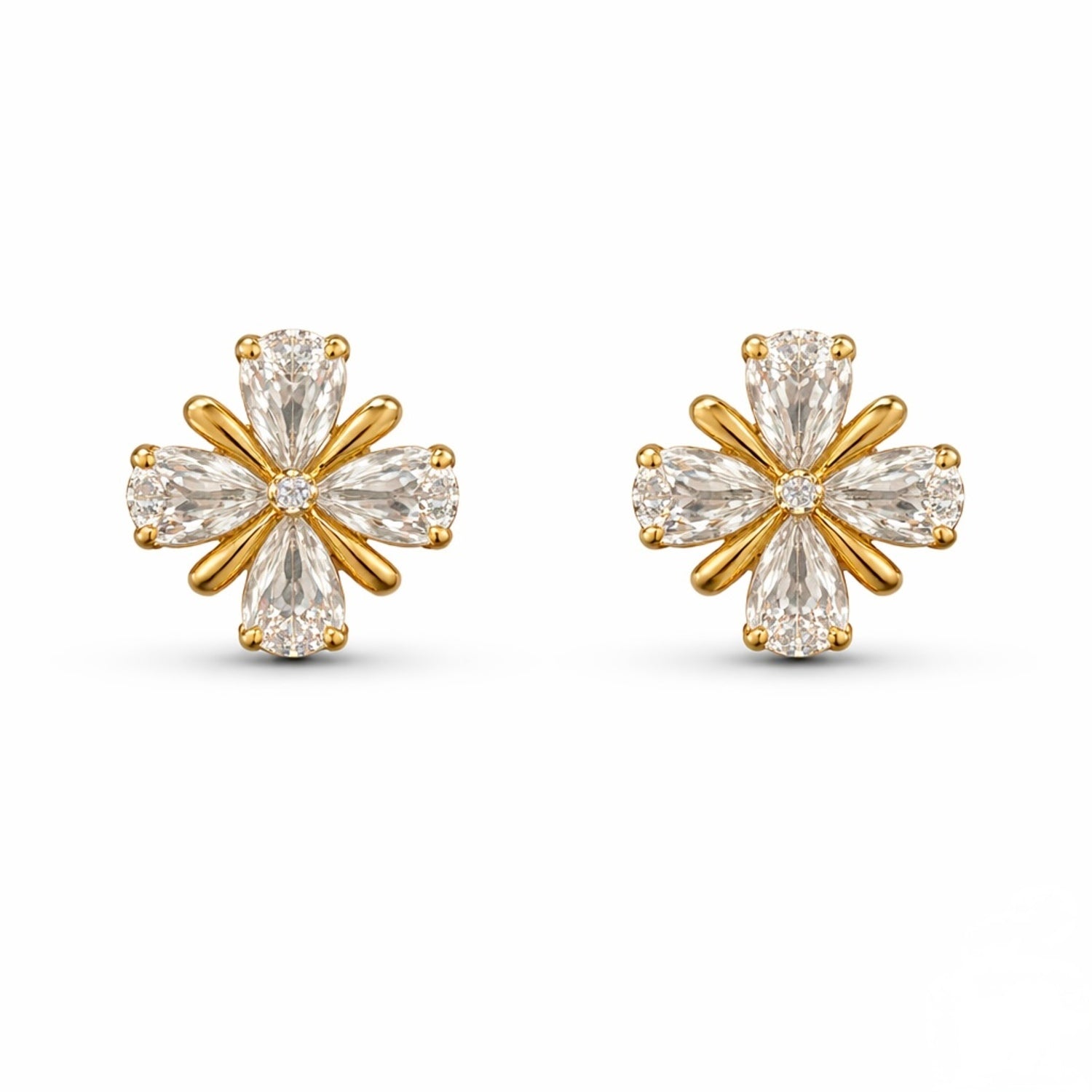 A pair of gold-plated floral stud earrings for women featuring pear-shaped clear crystals in a clover design, shown on a clean white background.
