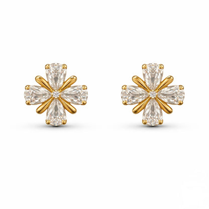 A pair of gold-plated floral stud earrings for women featuring pear-shaped clear crystals in a clover design, shown on a clean white background.