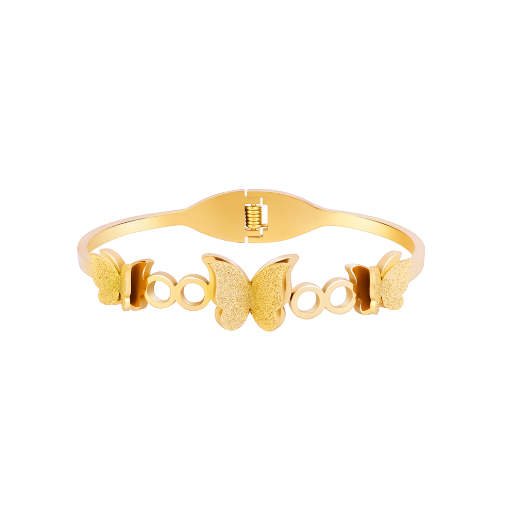 A gold-plated cuff bangle for women featuring three frosted-finish butterfly charms and polished circular links.