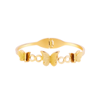 A gold-plated cuff bangle for women featuring three frosted-finish butterfly charms and polished circular links.