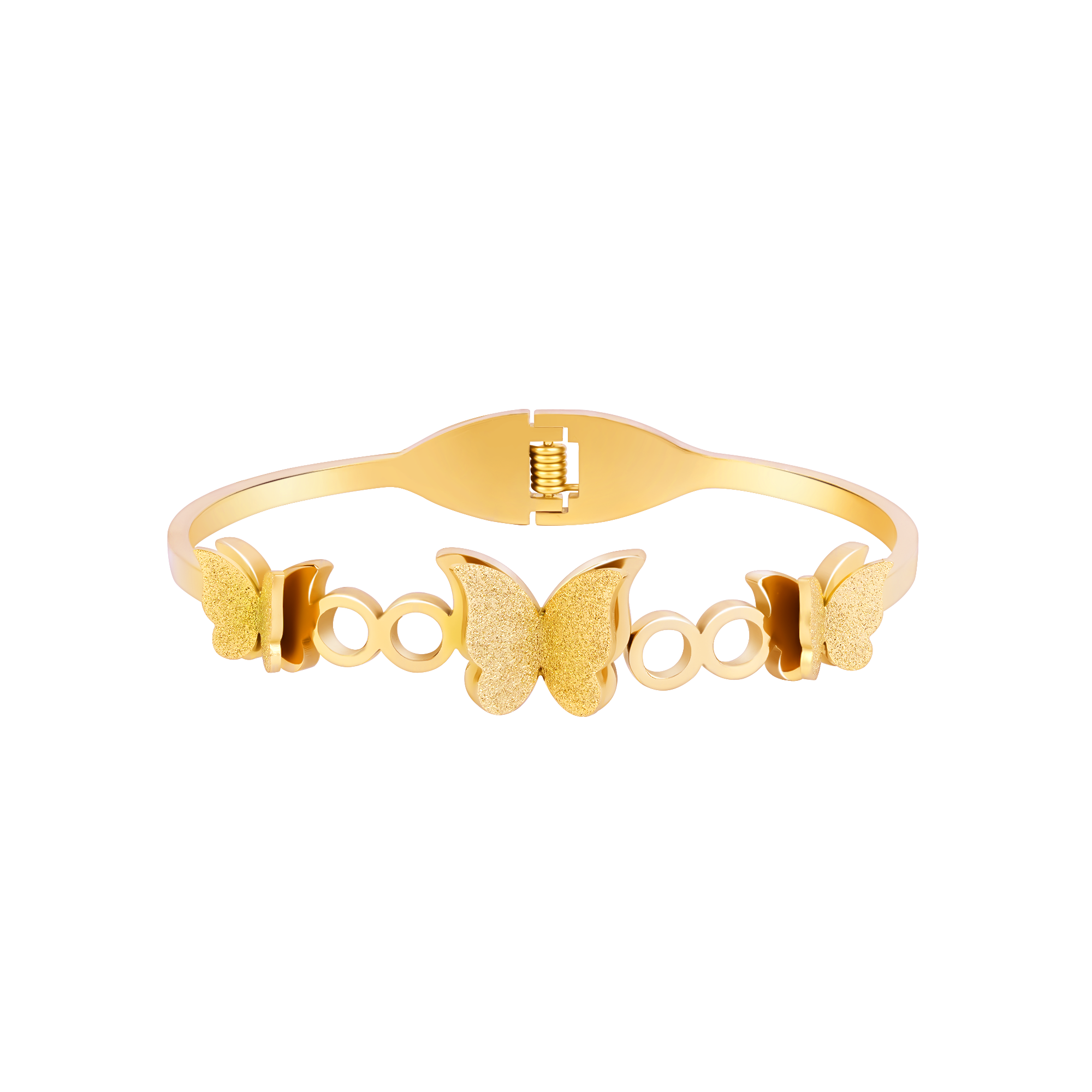 A gold-plated cuff bangle for women featuring three frosted-finish butterfly charms and polished circular links.