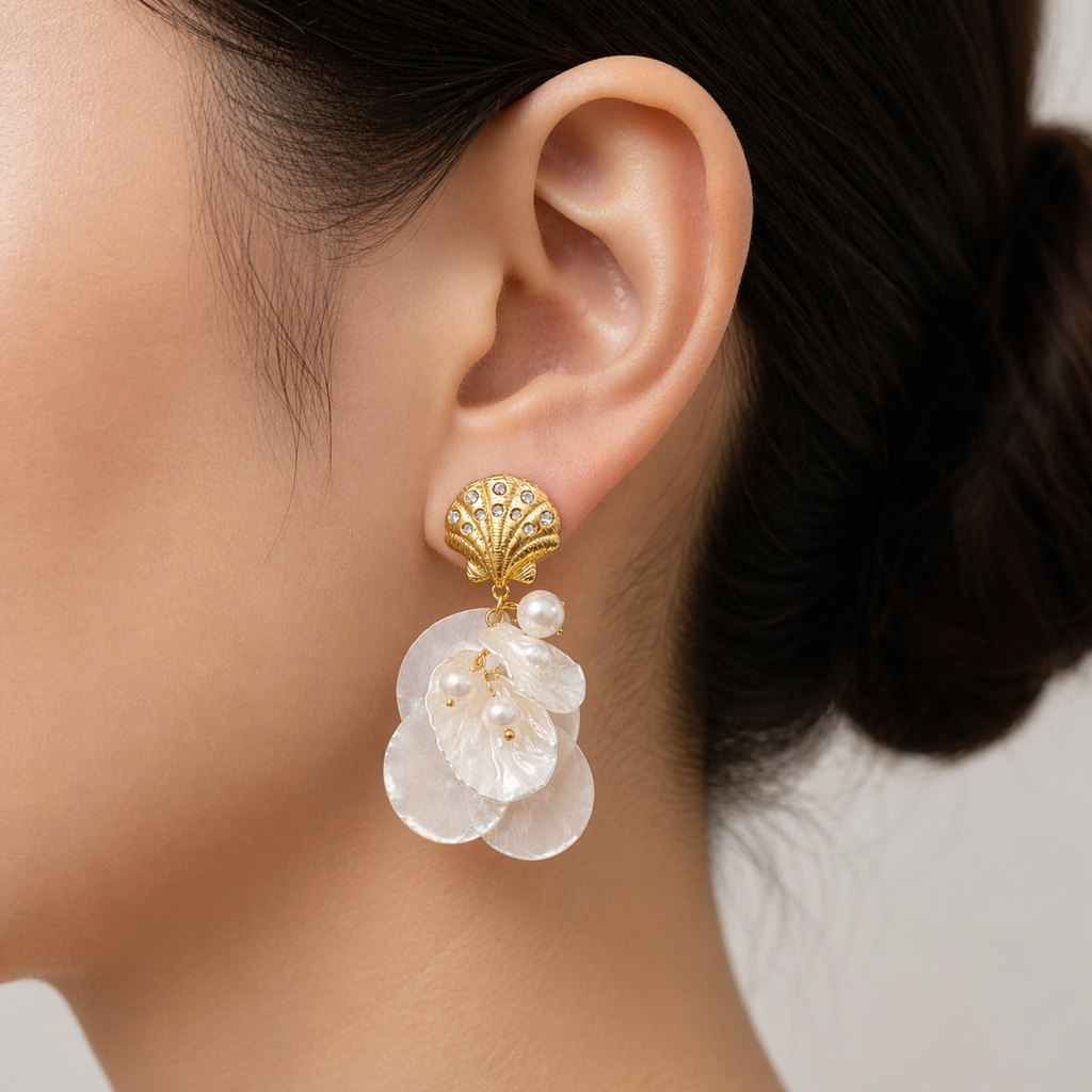 A earring with gold shell-like tops and pearl-like droplets on a model
