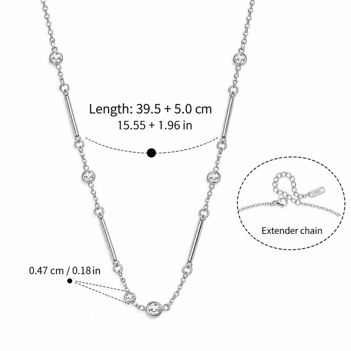 Silver crystal bar necklace for women with delicate chain, polished bar details and sparkling round crystal accents