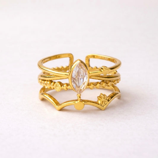 A triple-layered gold plated adjustable ring band for women on a white background
