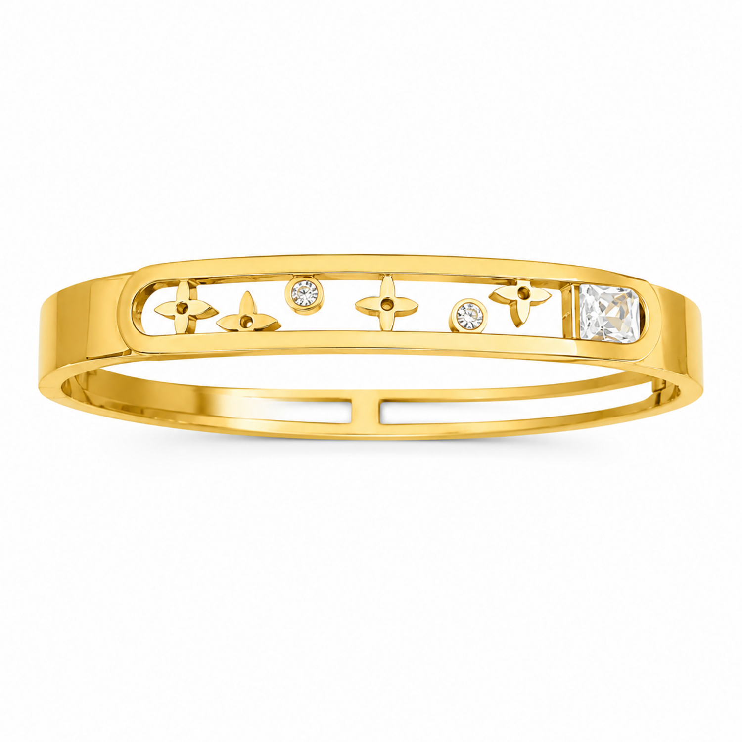 A gold-plated dual-band bracelet for women featuring floating star motifs, round crystals, and a square solitaire