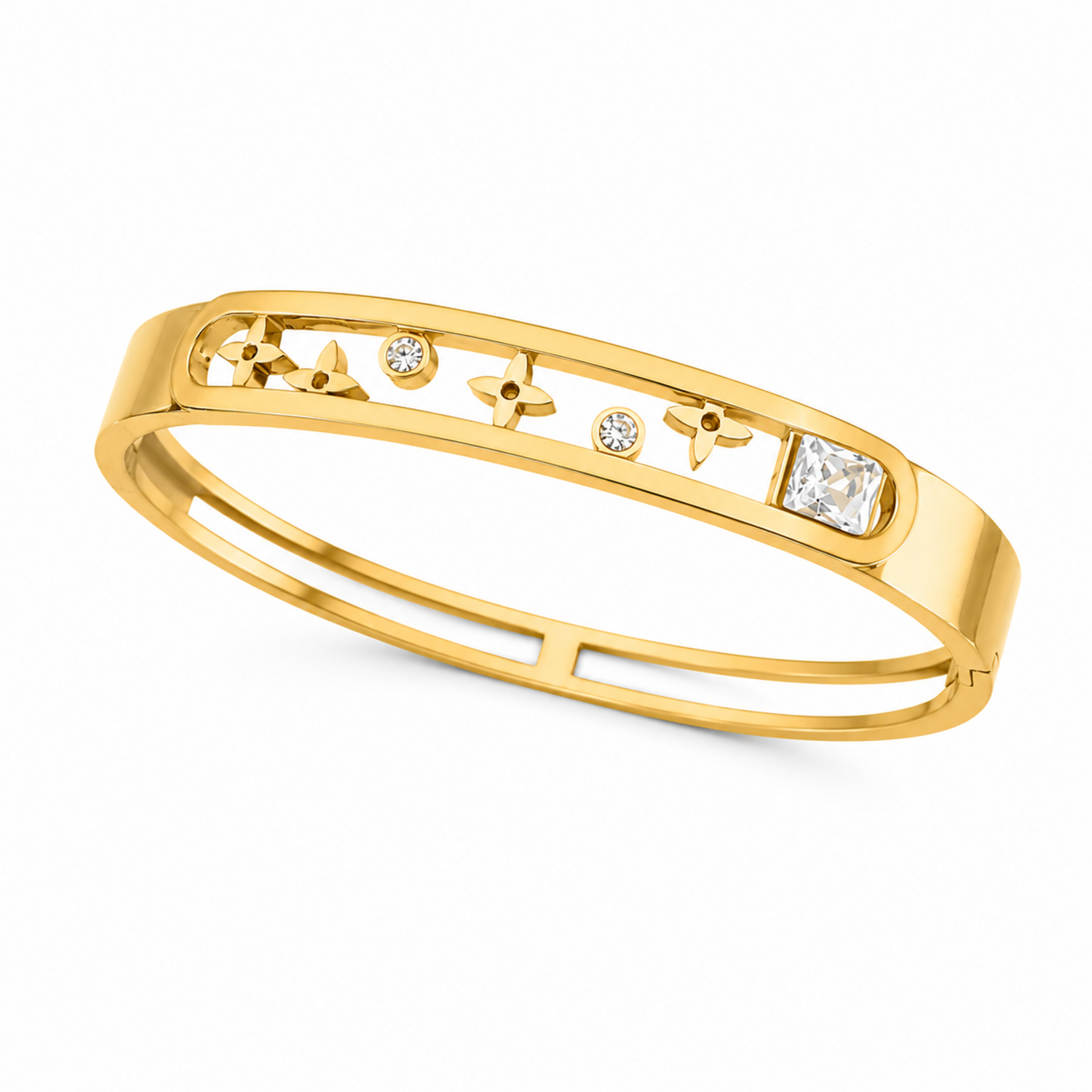 A close-view of a gold-plated dual-band bracelet for women featuring floating star motifs, round crystals, and a square solitaire