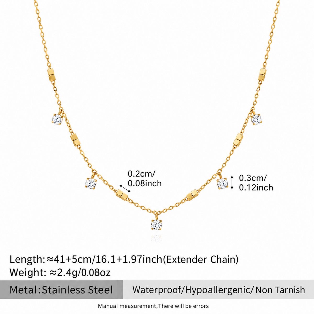 Crystal Station Necklace with clear crystal accents and gold-tone square bead details on a delicate chain with dimensions
