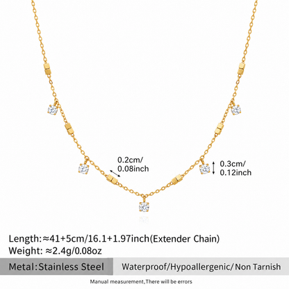 Crystal Station Necklace with clear crystal accents and gold-tone square bead details on a delicate chain with dimensions