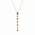 A gold-plated stainless steel chain for women featuring a vertical lariat pendant set with various colorful geometric stones