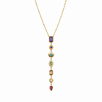 A gold-plated stainless steel chain for women featuring a vertical lariat pendant set with various colorful geometric stones
