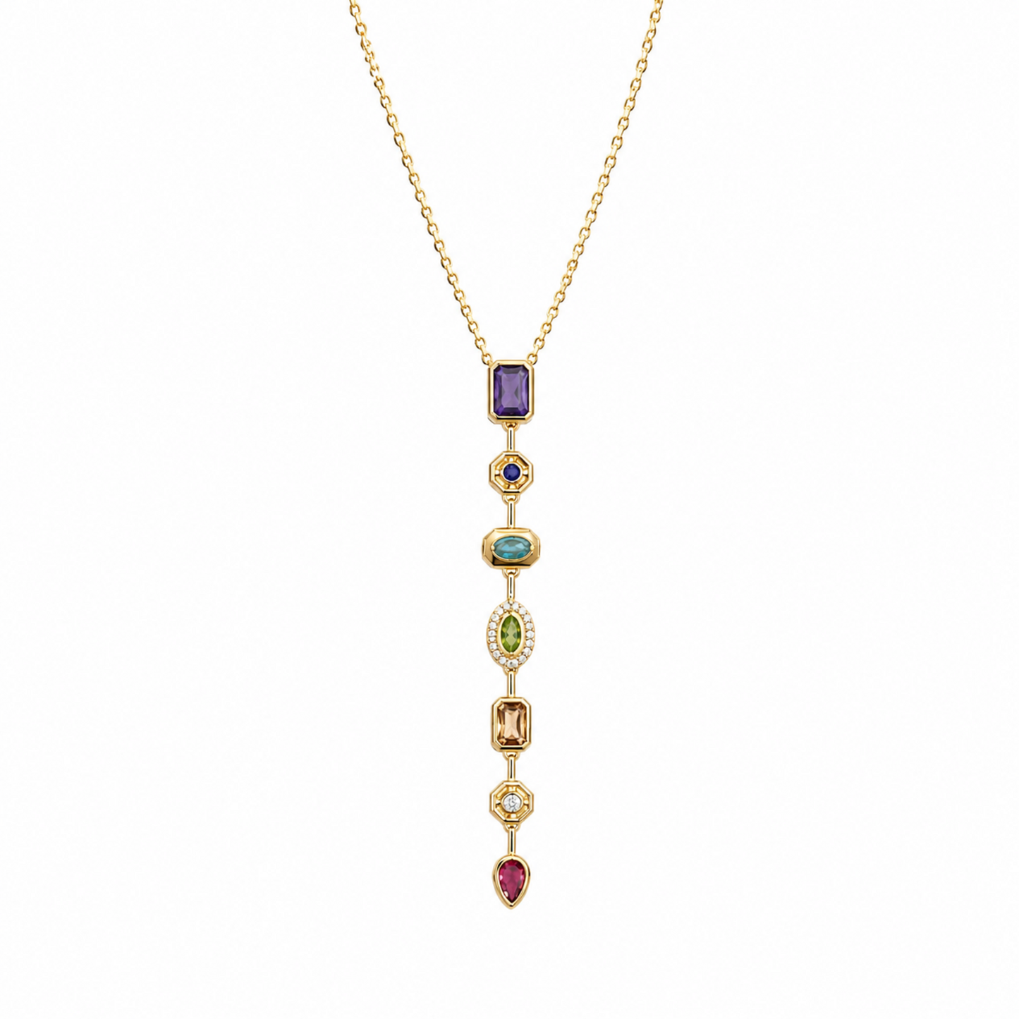 A gold-plated stainless steel chain for women featuring a vertical lariat pendant set with various colorful geometric stones