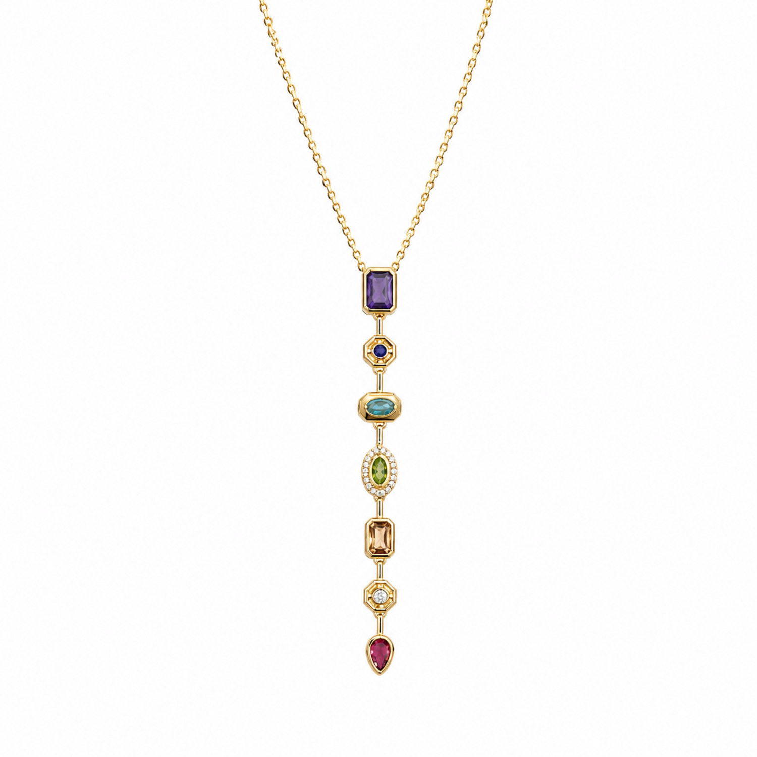 A gold-plated stainless steel chain for women featuring a vertical lariat pendant set with various colorful geometric stones