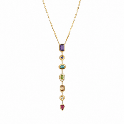 A gold-plated stainless steel chain for women featuring a vertical lariat pendant set with various colorful geometric stones