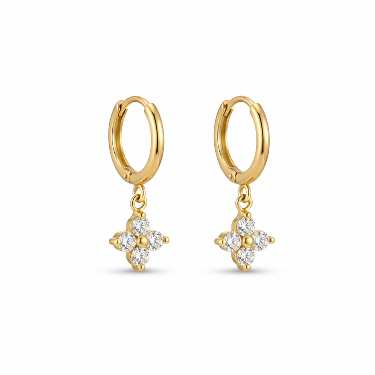 A pair of gold-plated hoop earrings for women featuring a sparkling four-petal crystal clover drop, shown on a white background.