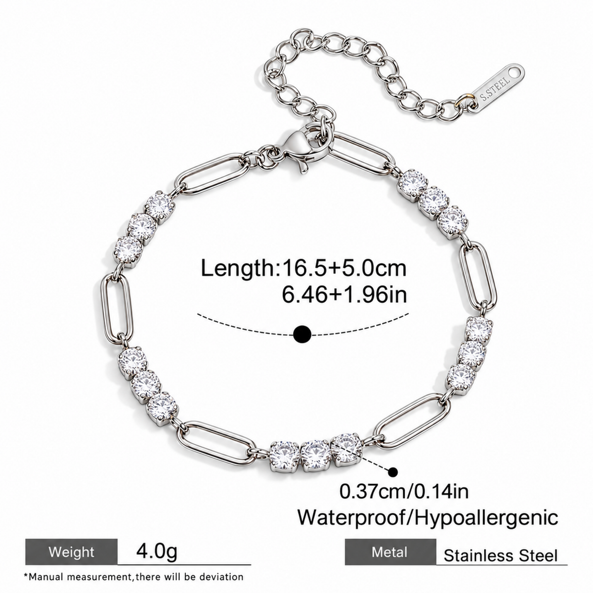 Dimensions of Clara Crystal Link Bracelet with sparkling clear crystal accents in silver