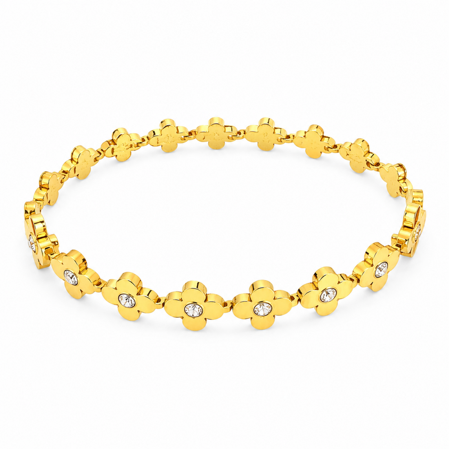 A gold-plated link bangle for women featuring a continuous row of clover motifs with crystal centers and a secure clasp.
