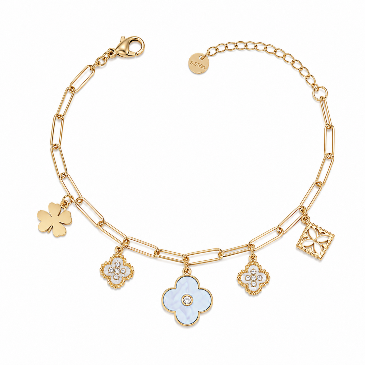 A gold-plated chain bracelet for women featuring paperclip links and five floral and clover-themed charms with crystal and pearl accents.
