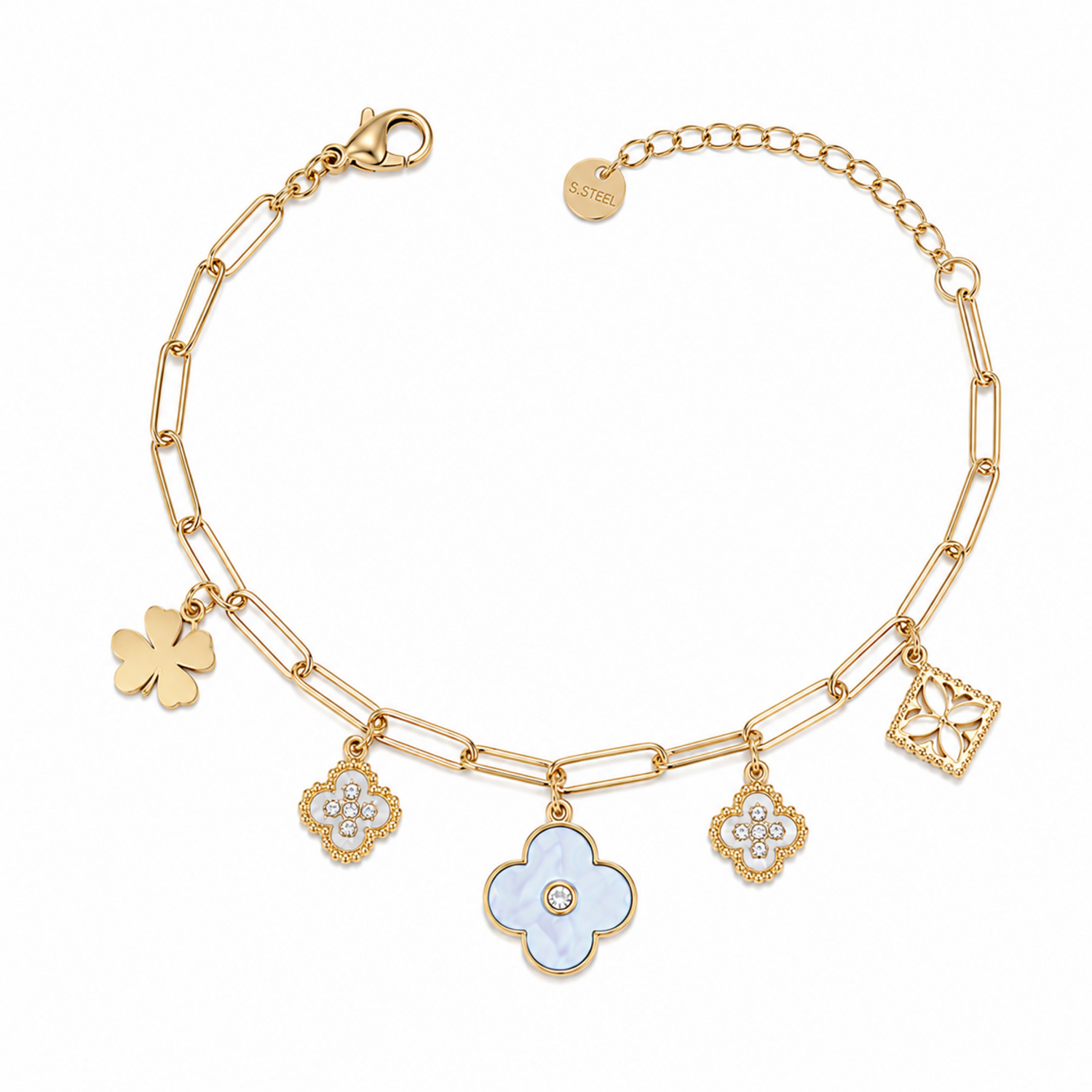 A gold-plated chain bracelet for women featuring paperclip links and five floral and clover-themed charms with crystal and pearl accents.