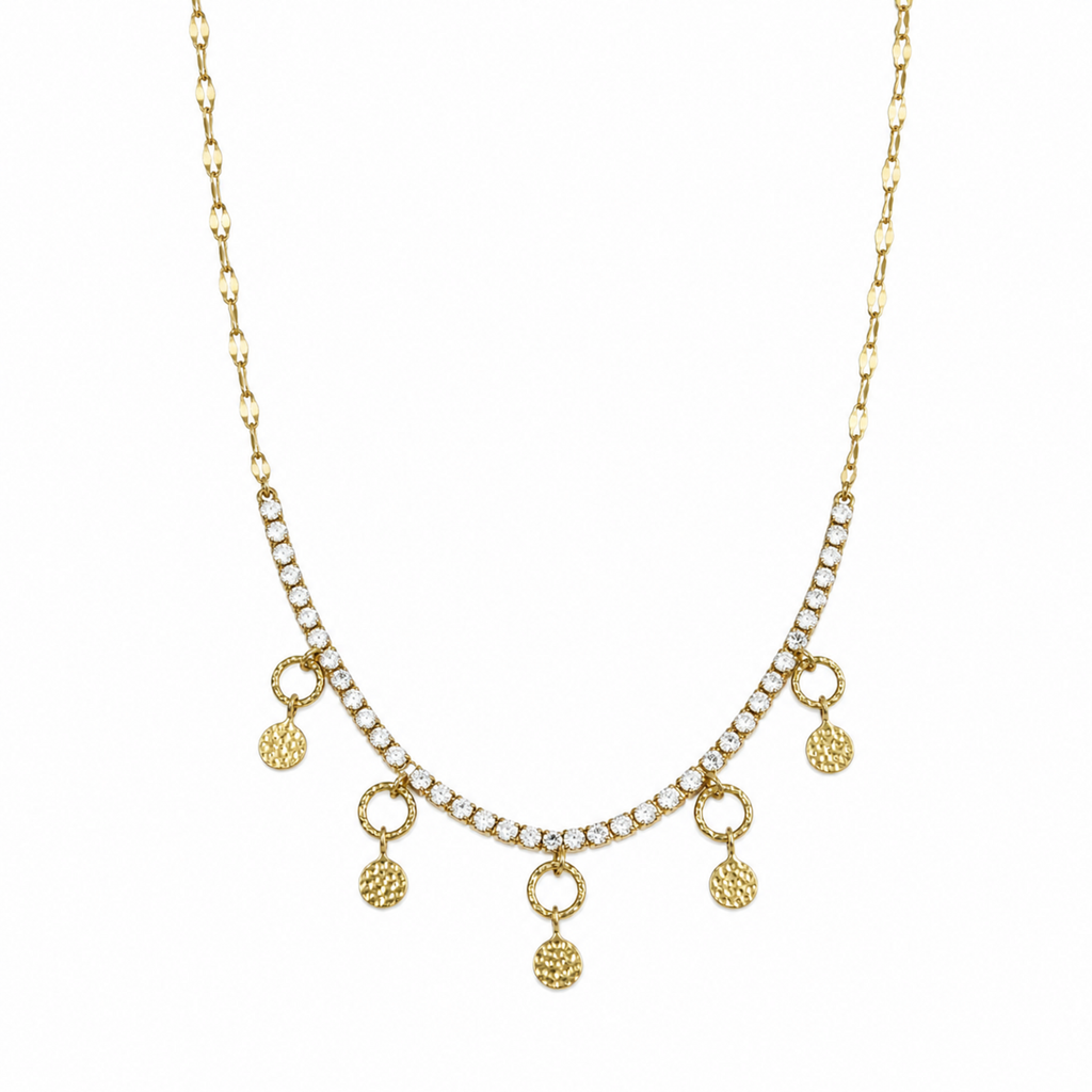 A gold-plated stainless steel chain for women featuring a crystal tennis-style necklace with five dangling hammered-gold coin charms