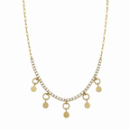 A gold-plated stainless steel chain for women featuring a crystal tennis-style necklace with five dangling hammered-gold coin charms