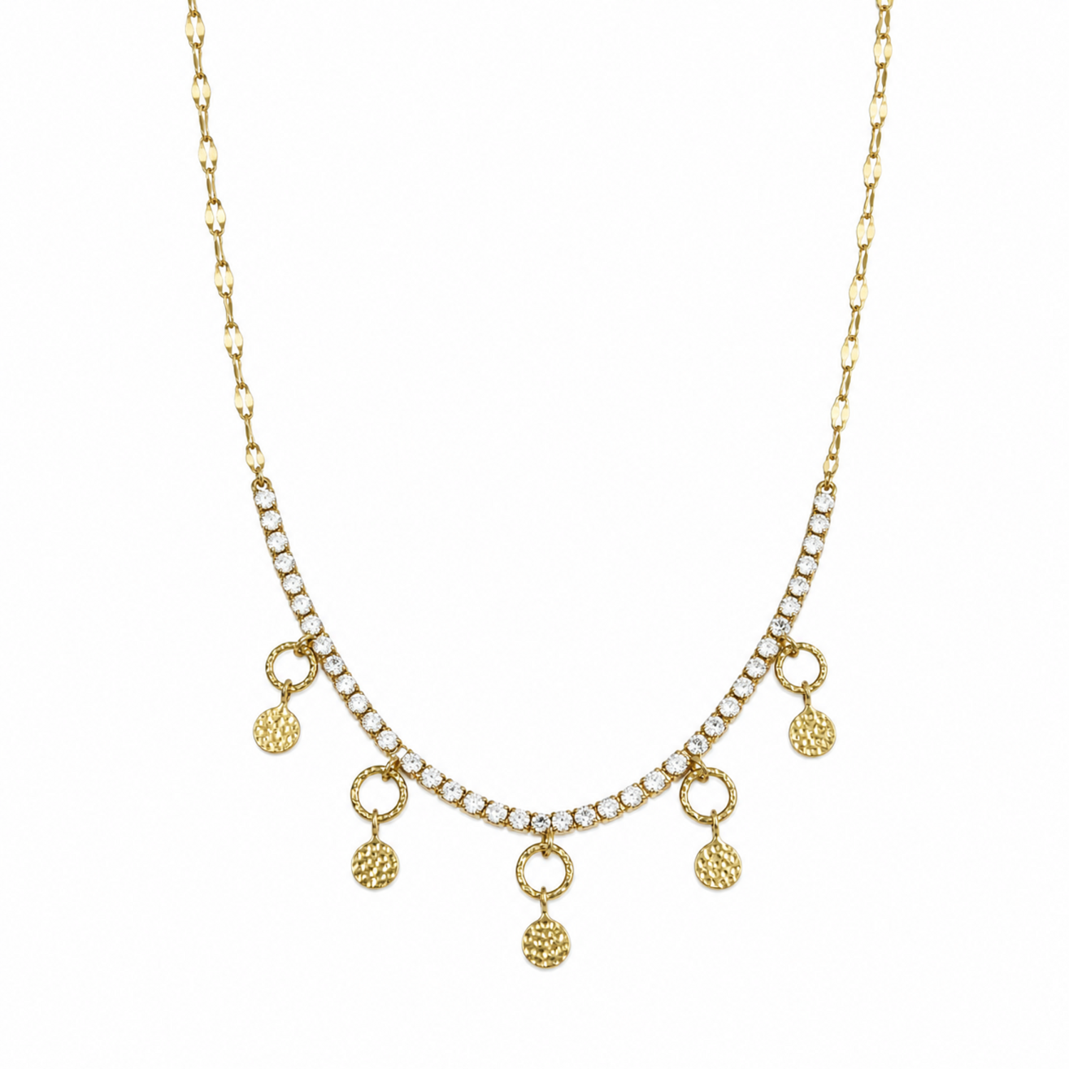 A gold-plated stainless steel chain for women featuring a crystal tennis-style necklace with five dangling hammered-gold coin charms