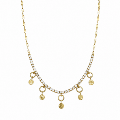 A gold-plated stainless steel chain for women featuring a crystal tennis-style necklace with five dangling hammered-gold coin charms